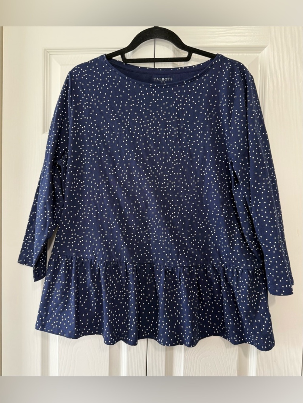 Talbots XL Navy Polka Dot Peplum Top 100% Cotton Long Sleeve